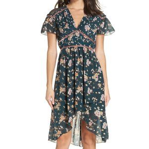 Chelsea28 Green Pleated High Low Floral Dress